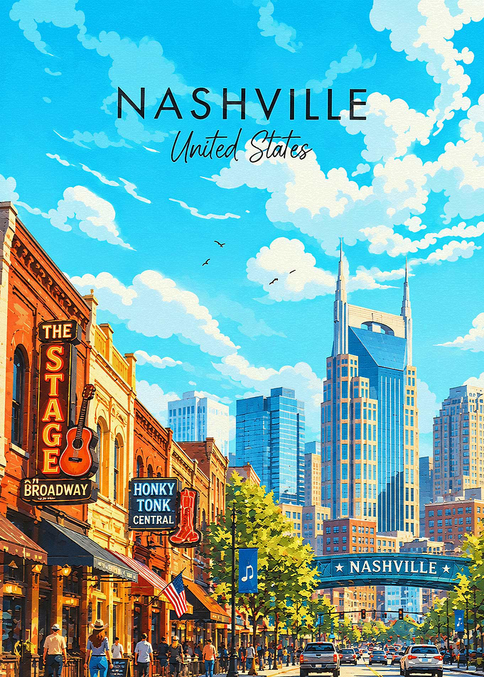 Nashville Broadway Streetscape Travel Poster