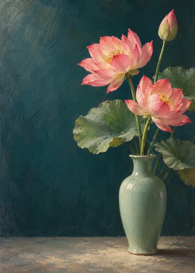Pink Lotus Flowers in Celadon Vase