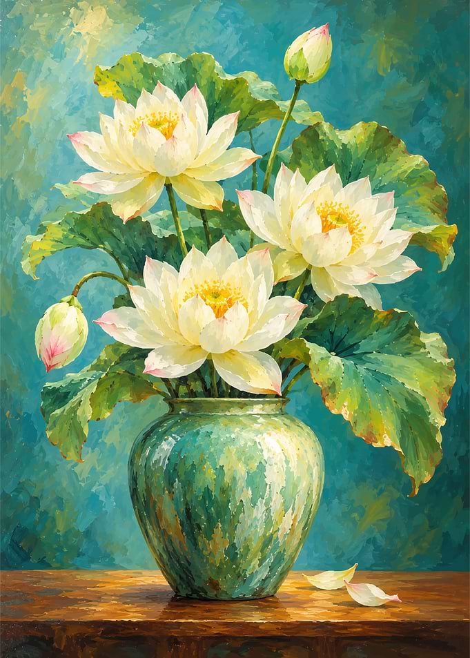 Oil Painting of White Lotus Flowers
