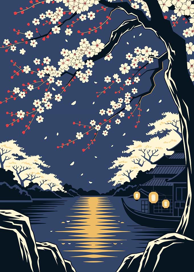 Japanese Cherry Blossom Ukiyo-e Metal Poster, No Text