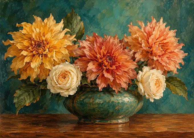 Still Life Oil Painting of Dahlias