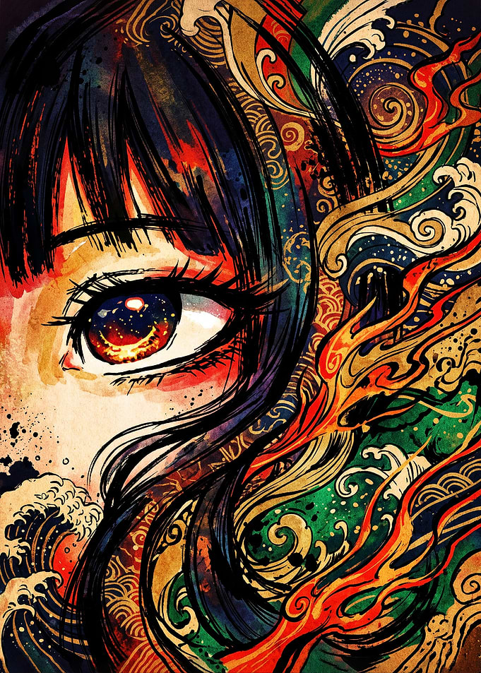Anime Eye with Traditional Japanese Patterns