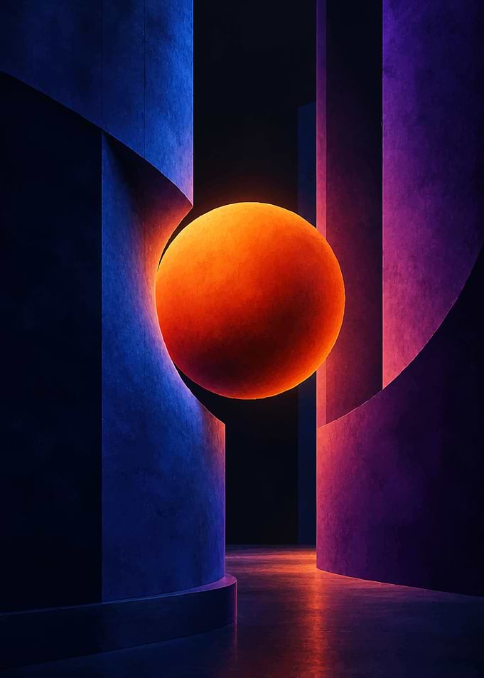 Glowing Orange Sphere in Abstract Architecture
