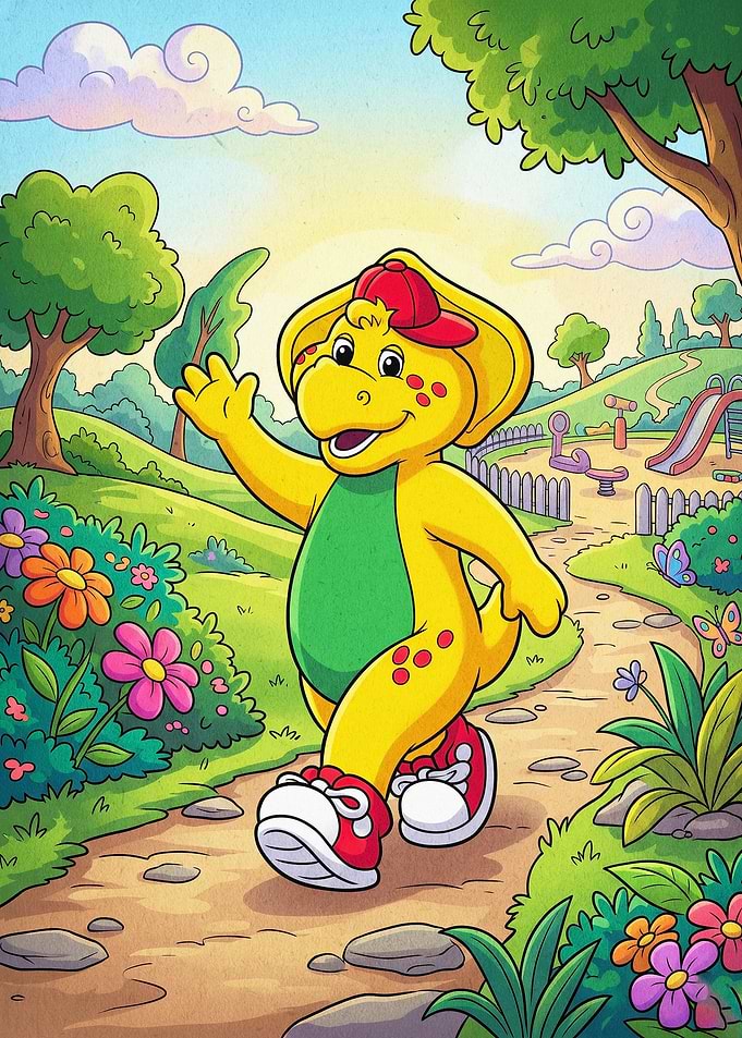 Cute Dino Walking Park Cartoon Post