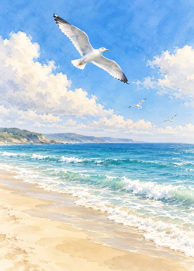 Seagulls Flying Over Sunny Beach