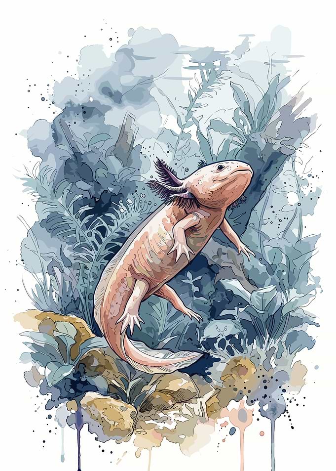Watercolor Axolotl in Aquatic Habitat