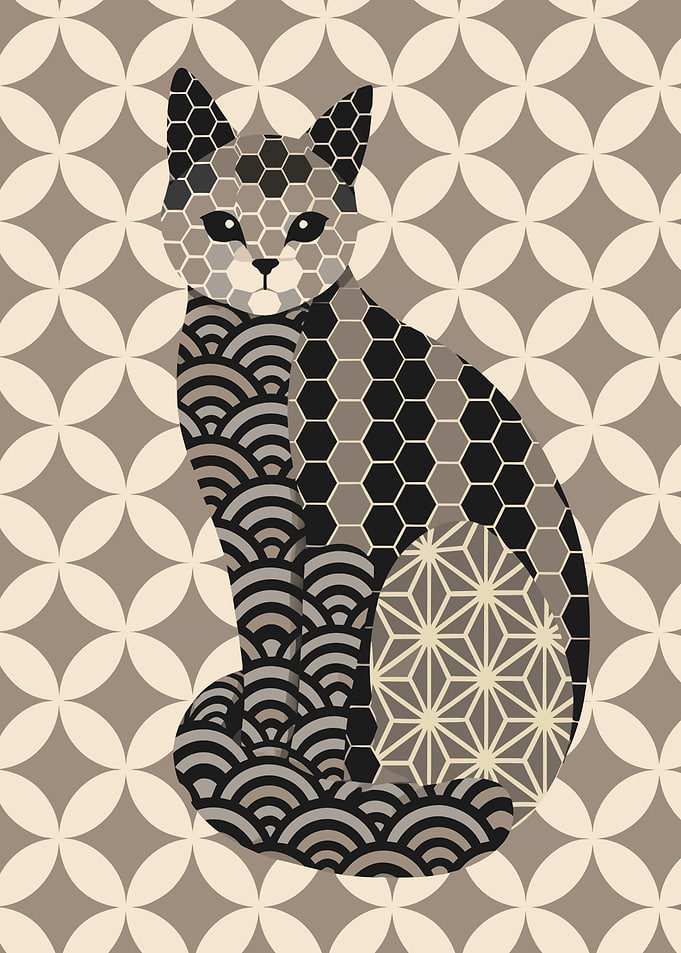 Tabby Cat in Japanese Wagara Patterns