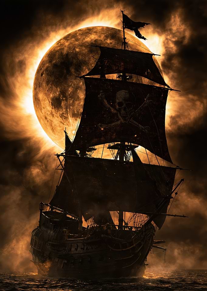 Ghost Pirate Ship Under Full Moon