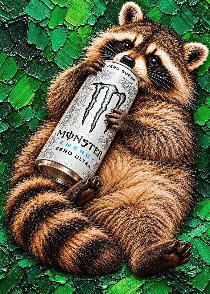 Raccoon Holding Monster Energy Drink