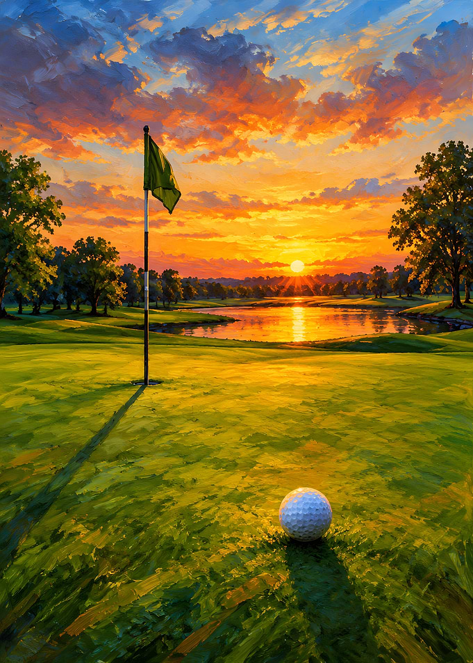 Golf Ball on Green at Sunset