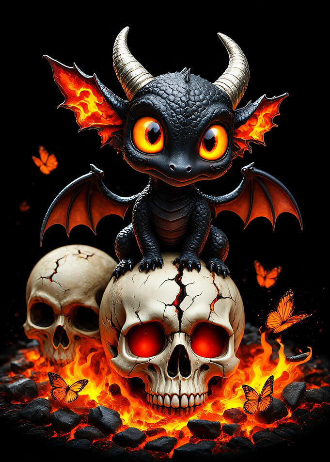 Cute Baby Dragon on Skulls