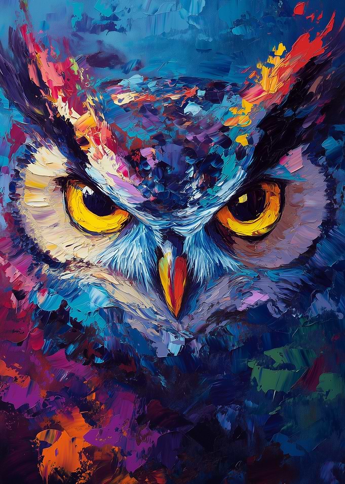 Colorful Owl Portrait Abstract Impasto
