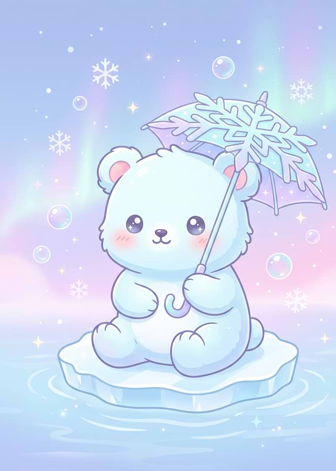 Cute Polar Bear with Snowflake Umbrella