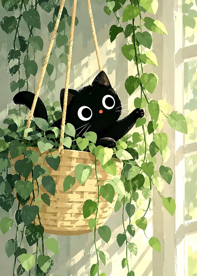 Cute Black Cat in Hanging Plant