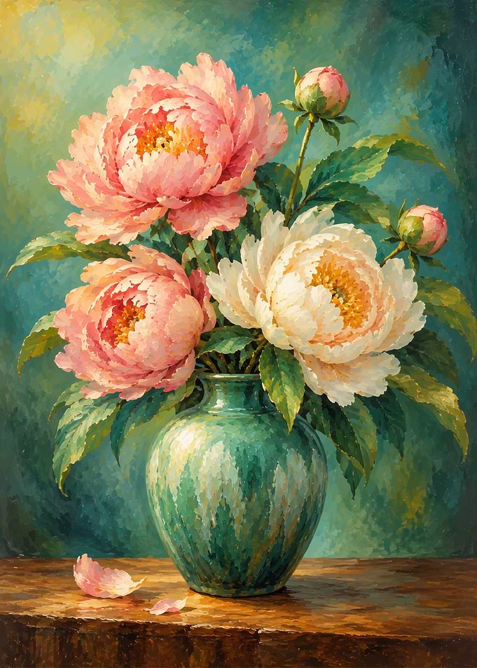 Peonies in a Teal Vase