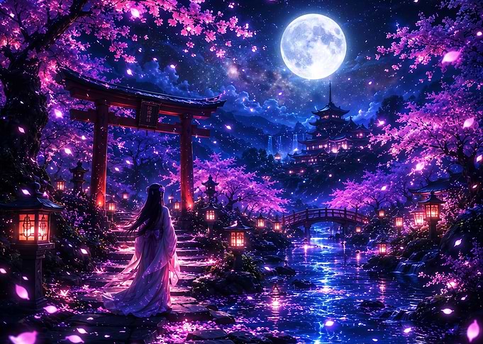 Enchanted Japanese Garden Under Moonlight