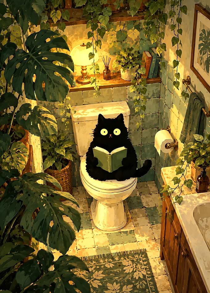 Black Cat Reading on Toilet