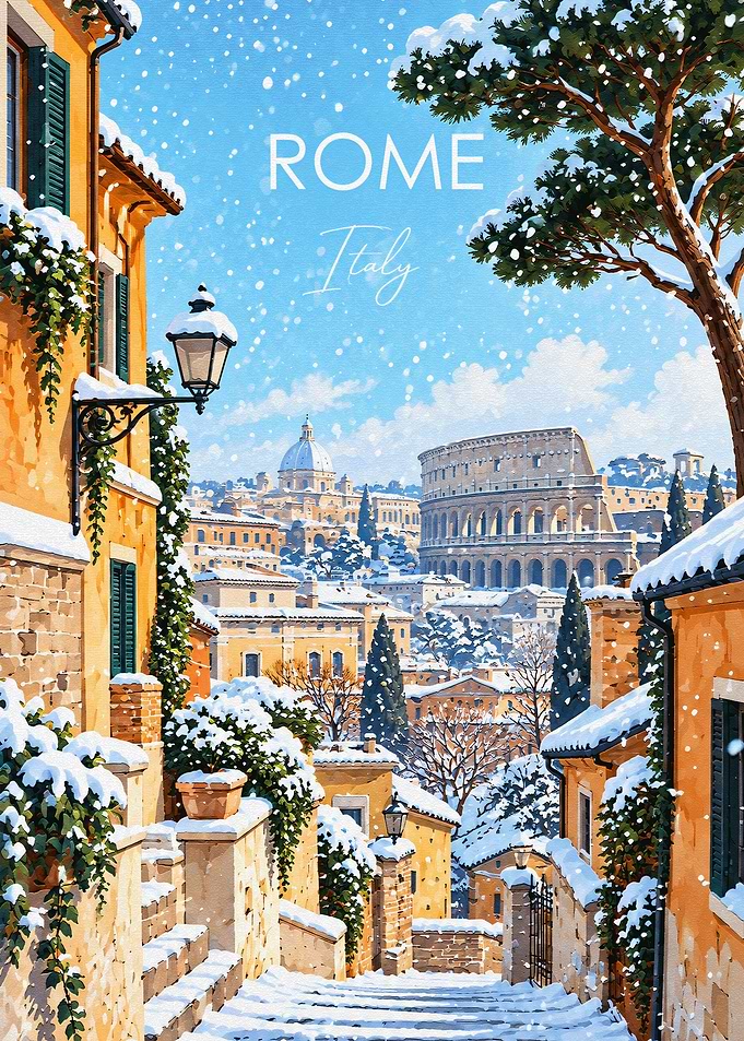 Snowy Rome Italy Travel Poster