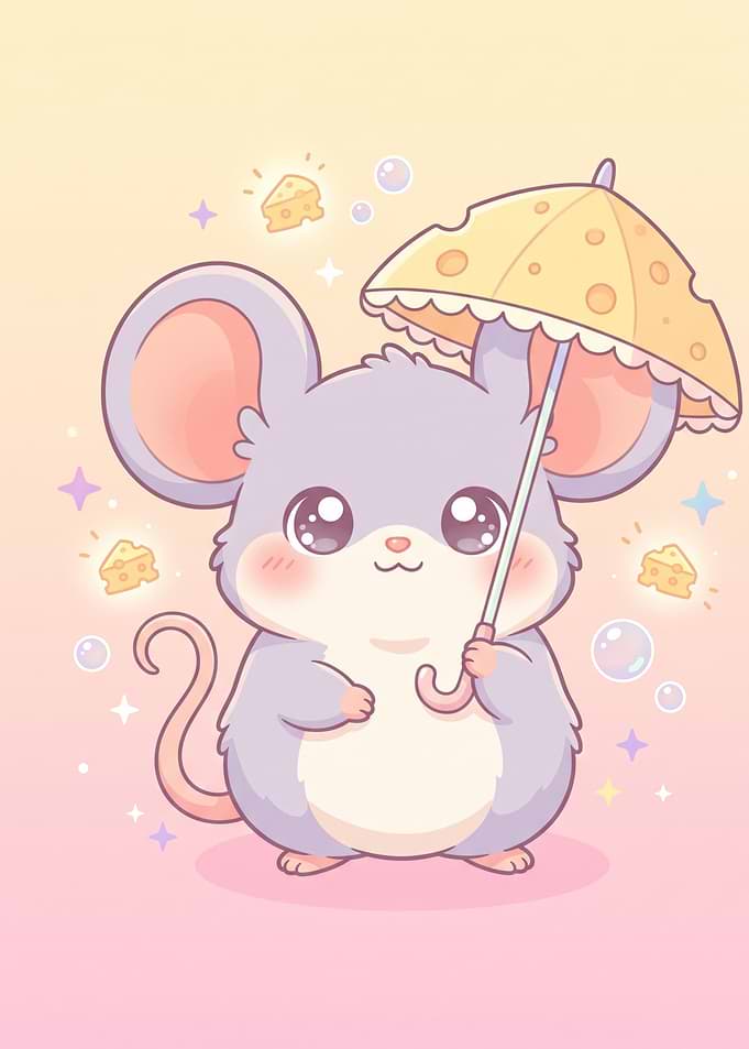 Cute Kawaii Mouse with Cheese Umbrella