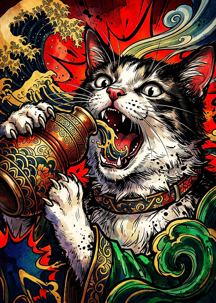 Japanese Style Cat Drinking from Vase