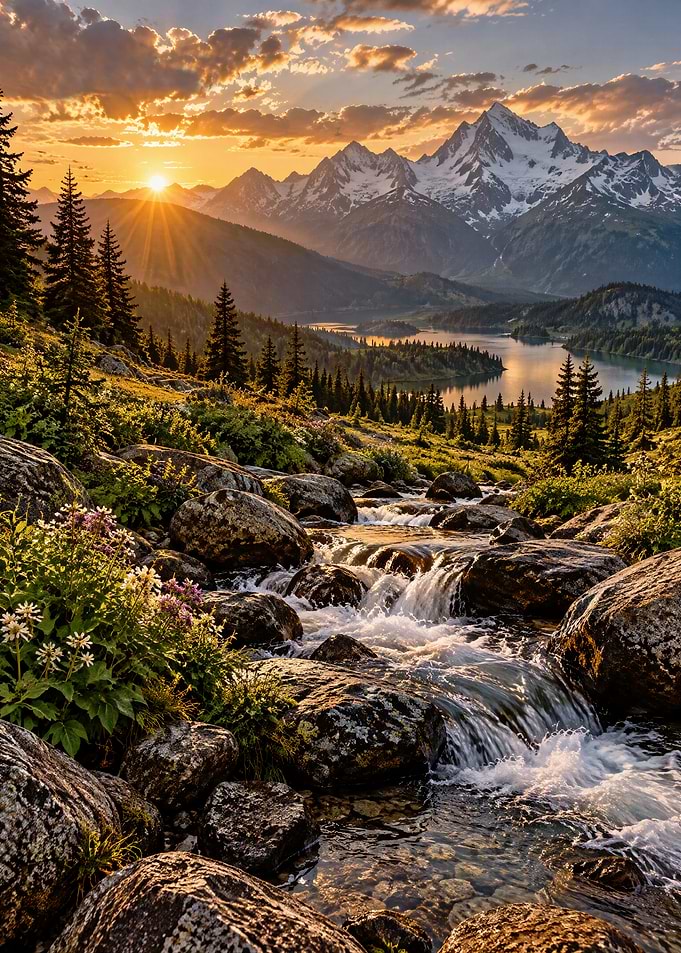 Mountain Stream at Sunset