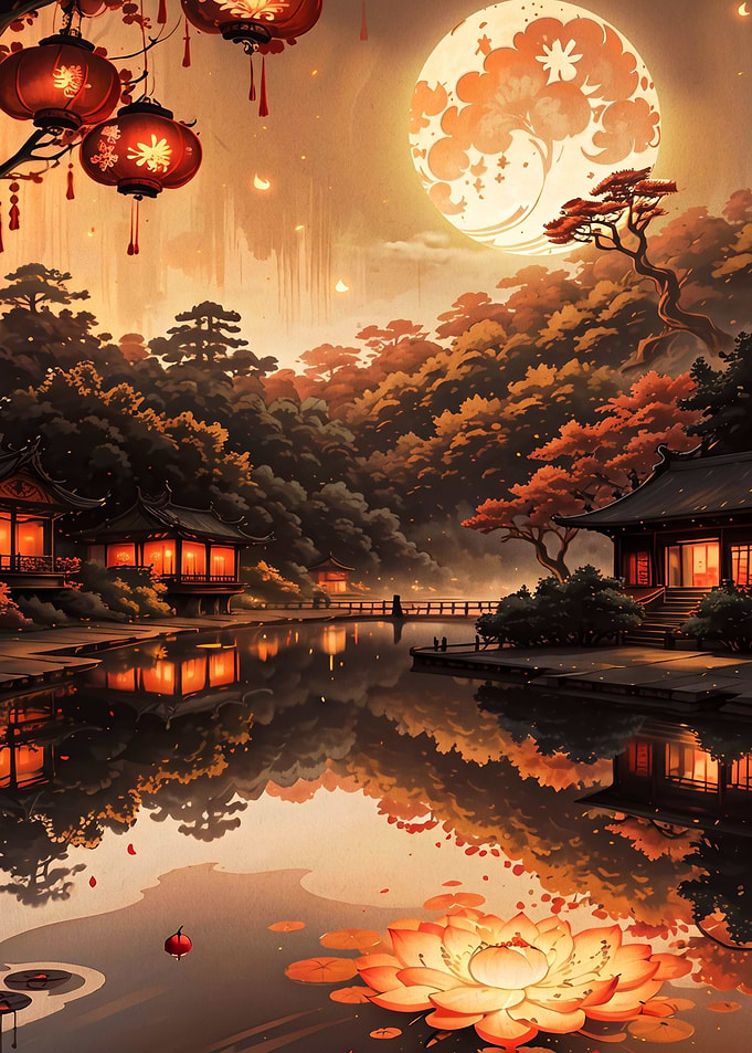 Serene Asian Garden Under Full Moon