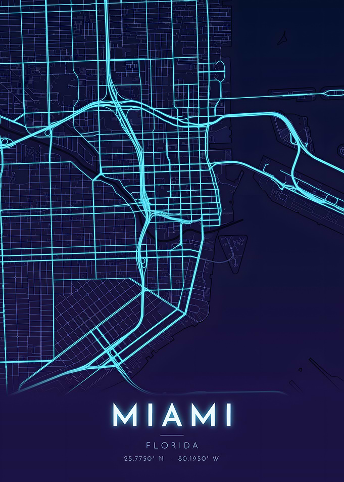 Miami Neon Blue Glow City Map Poster