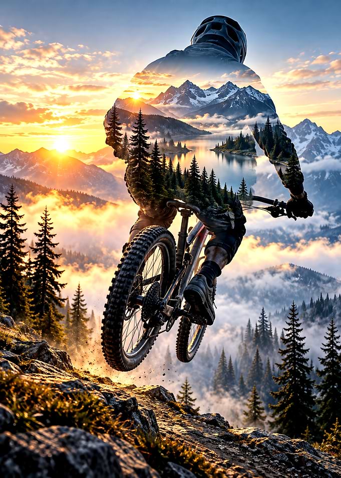 Double Exposure Mountain Biker at Sunset