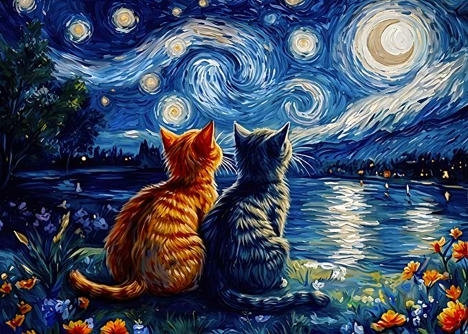 Two Cats Watching Starry Night