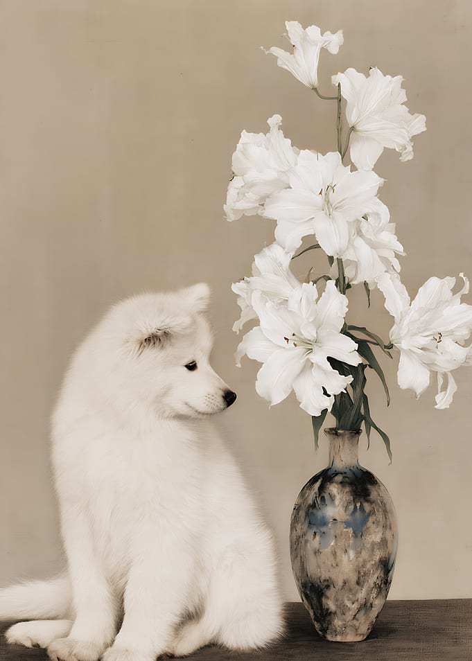 Samoyed Puppy Beside Lily Vase