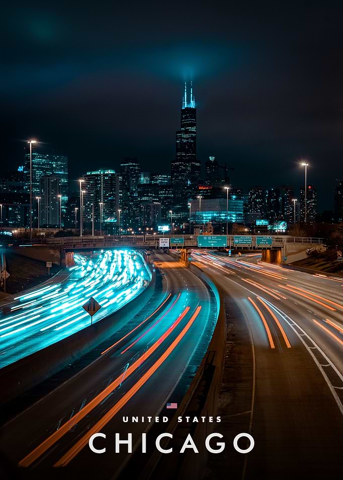 Chicago Skyline Night Highway Long Exposure