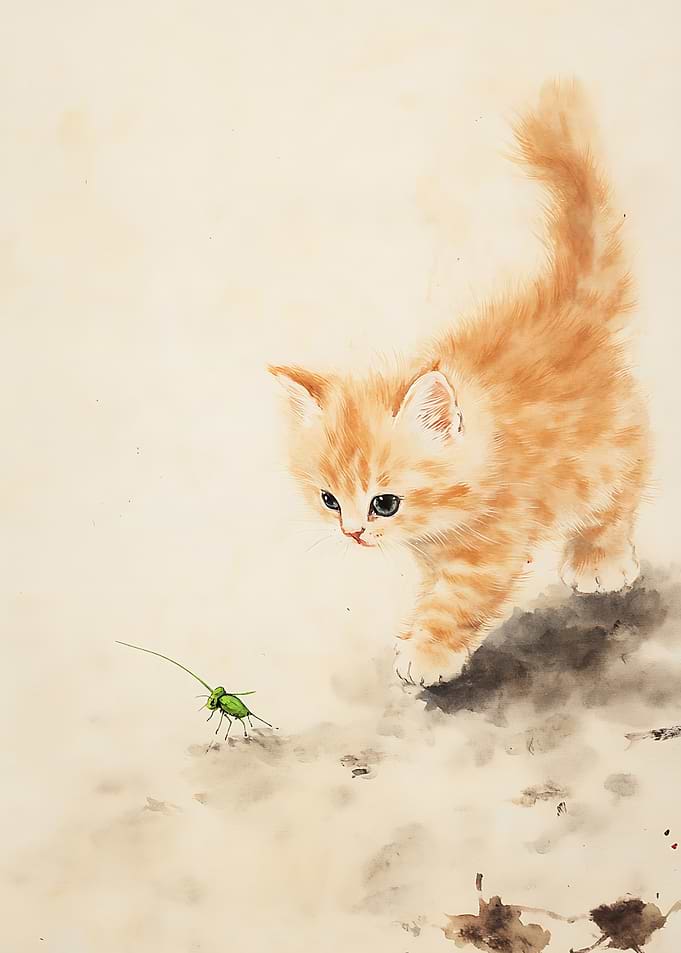 Cute Ginger Kitten Stalking Grasshopper