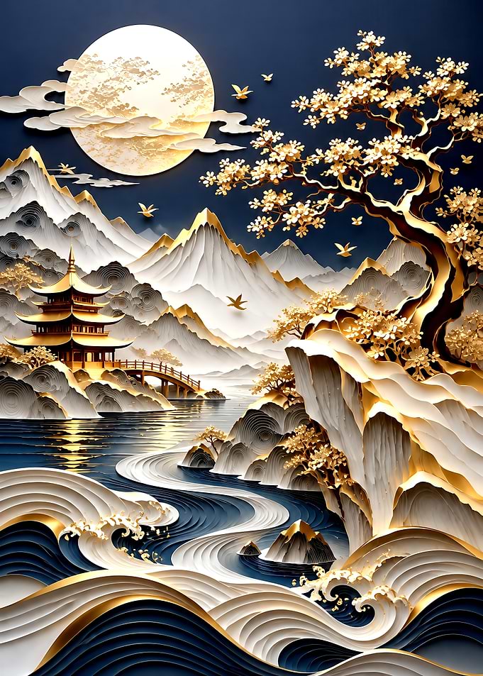 Golden Pagoda Landscape Paper Art