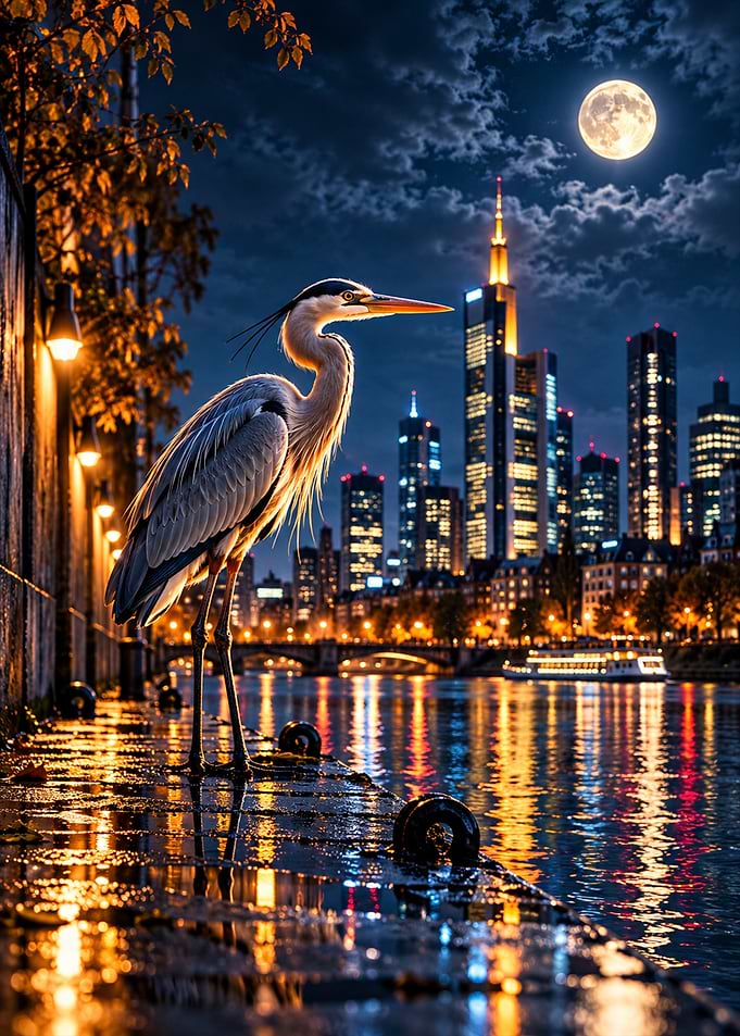 Heron Standing by City River at Night