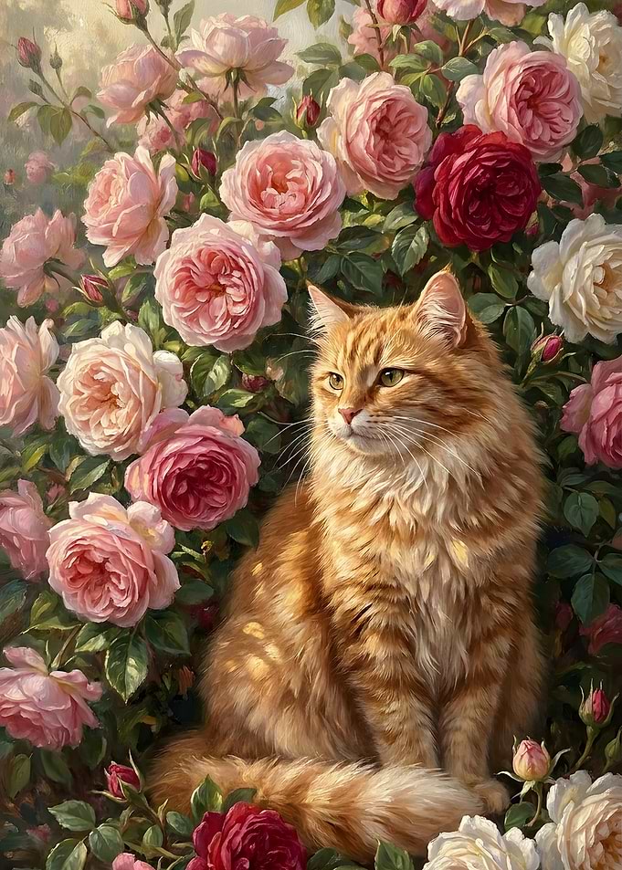Ginger Cat Among Blooming Roses