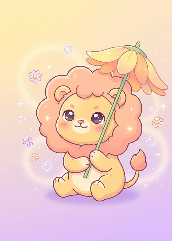 Cute Baby Lion with Flower Umbrella