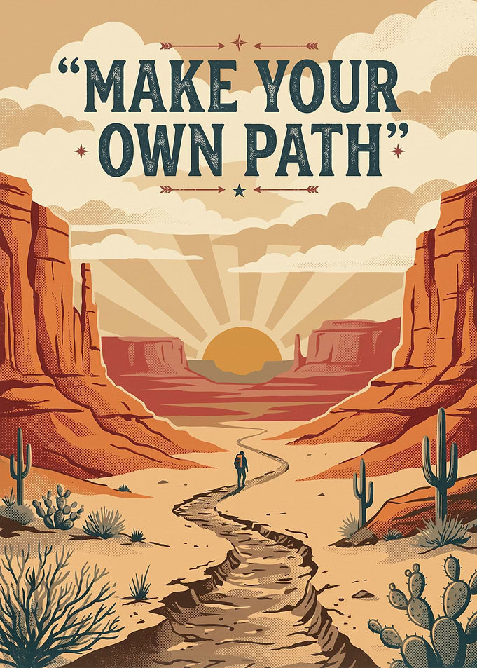 Make Your Own Path, Southwest Explorer Landscape, Retro Motivational Quote, Western Wilderness Art