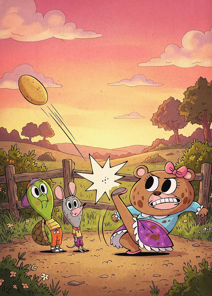 Cartoon Bear Kicking Potato Art