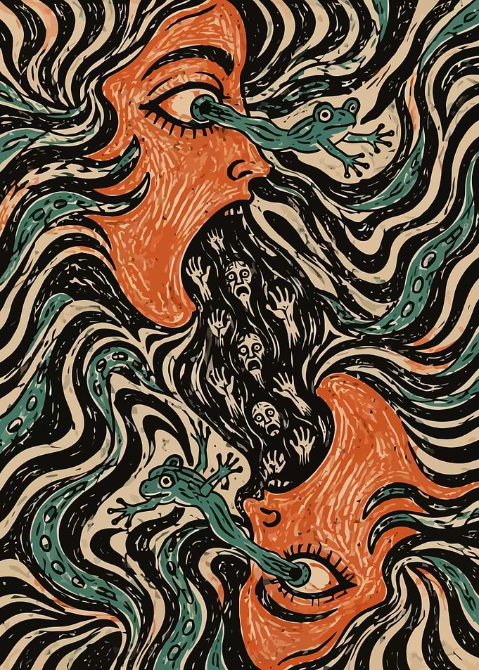 Surreal Psychedelic Faces and Frogs Art