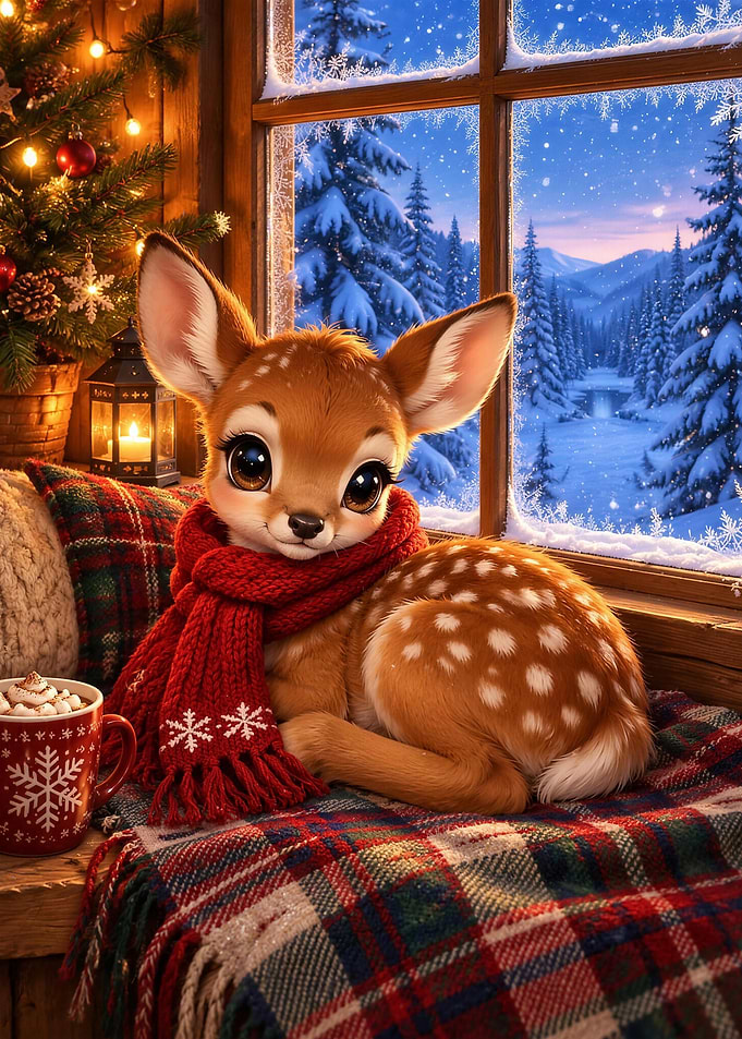 Cute Fawn in Winter Window