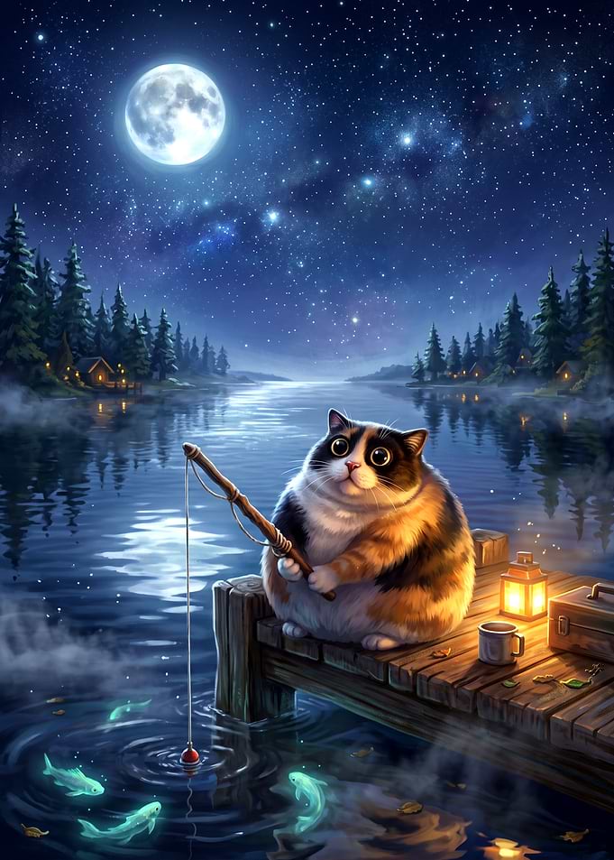 Chubby Cat Fishing Under Moonlight
