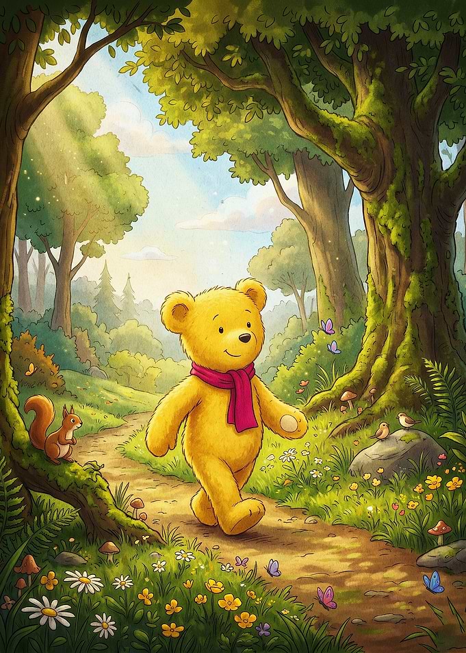 Cute Bear Forest Walk Art Poster