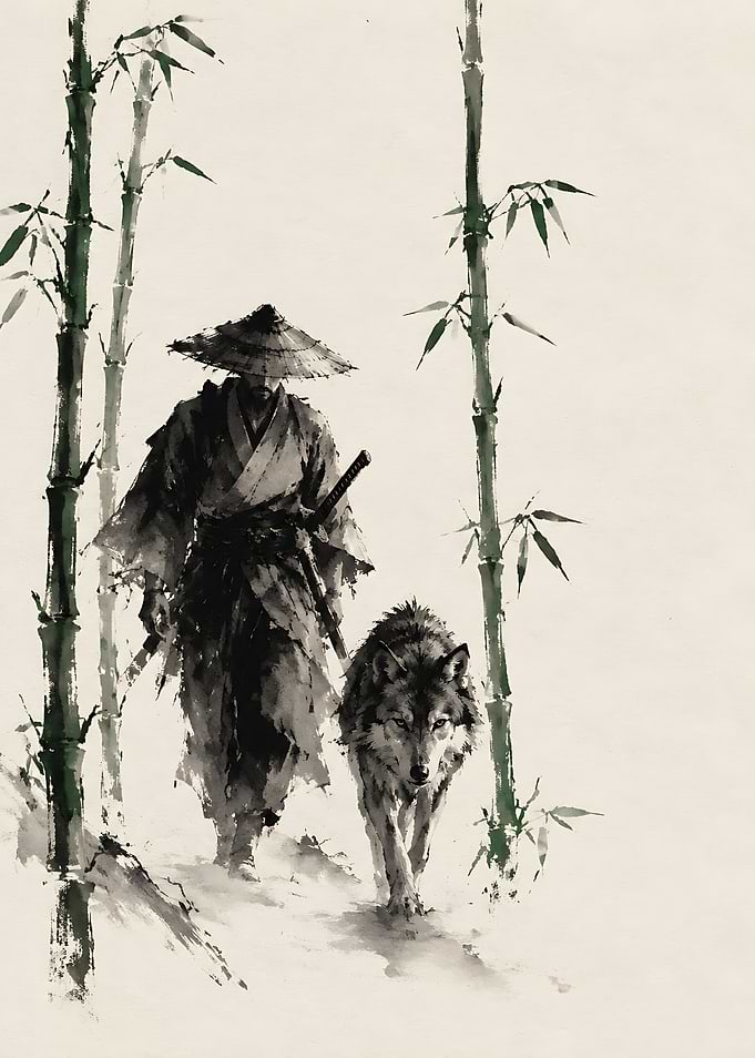 Samurai and Wolf in Bamboo Forest