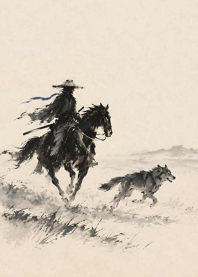 Samurai Riding Horse with Wolf