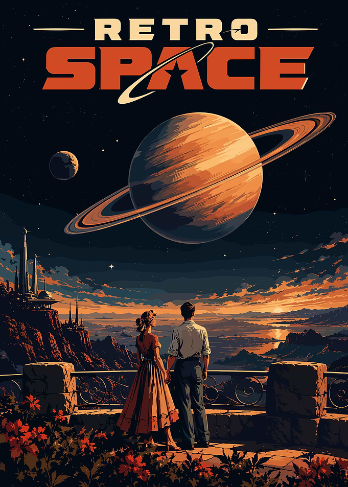 Retro Space Couple Looking at Planet