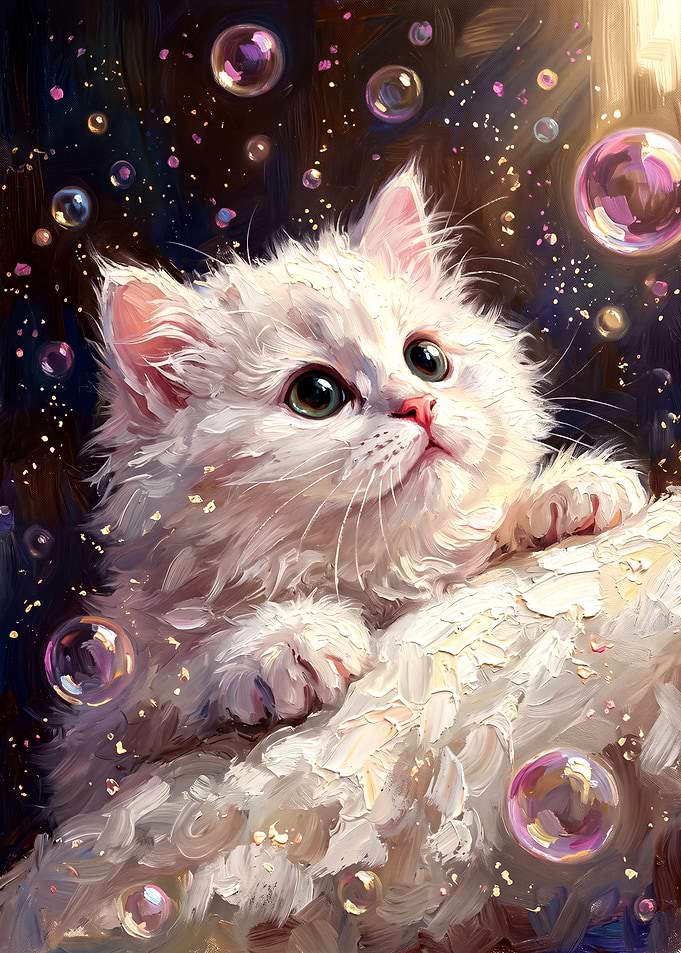 Fluffy White Kitten Playing with Bubbles