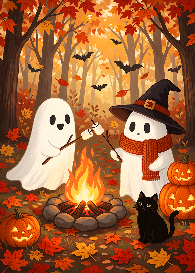 Cute Ghosts Roasting Marshmallows at Halloween