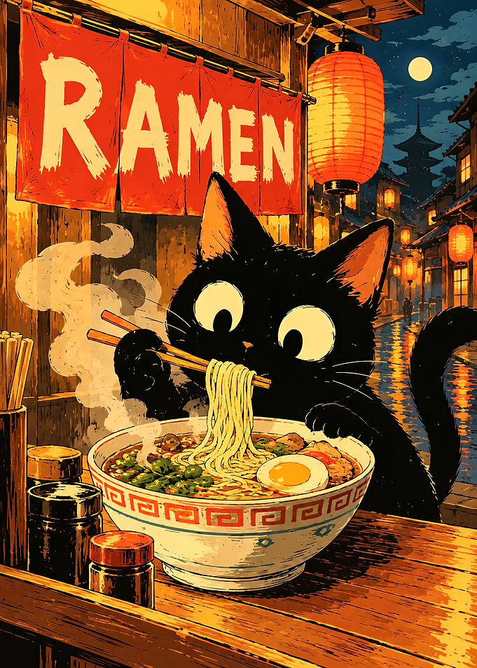Cute Black Cat Eating Ramen