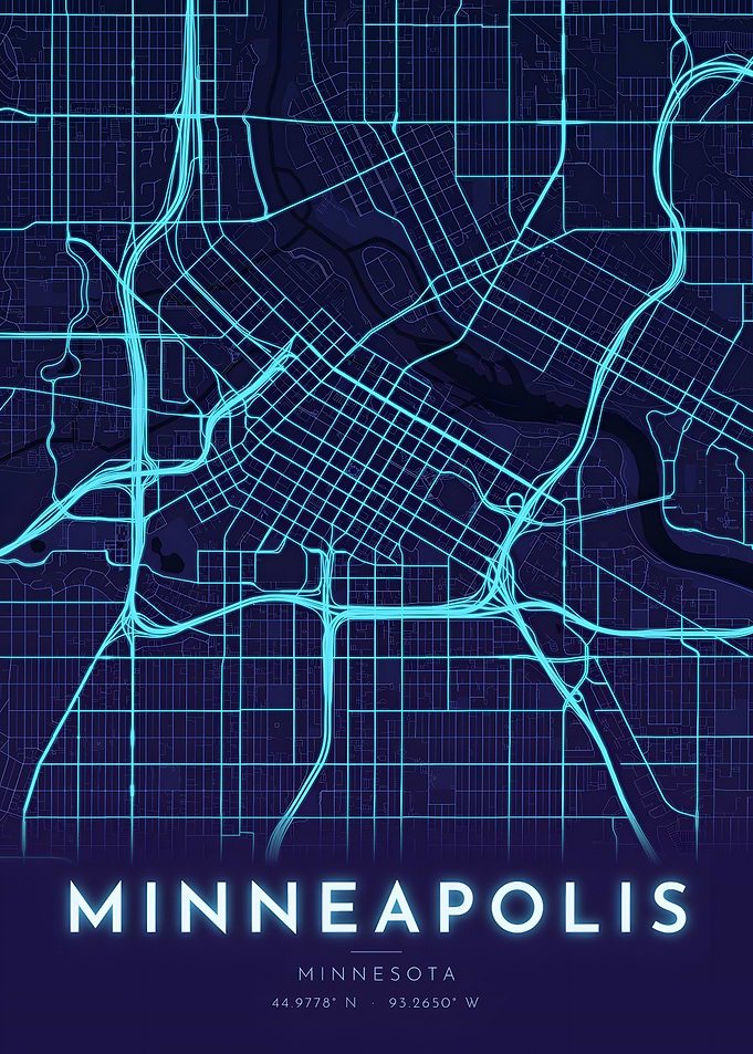 Minneapolis Neon Blue Glow City Map Poster
