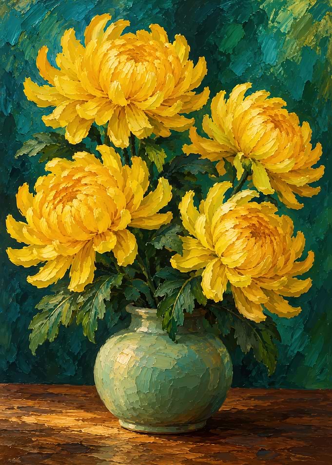 Impressionist Oil Painting of Yellow Chrysanthemums